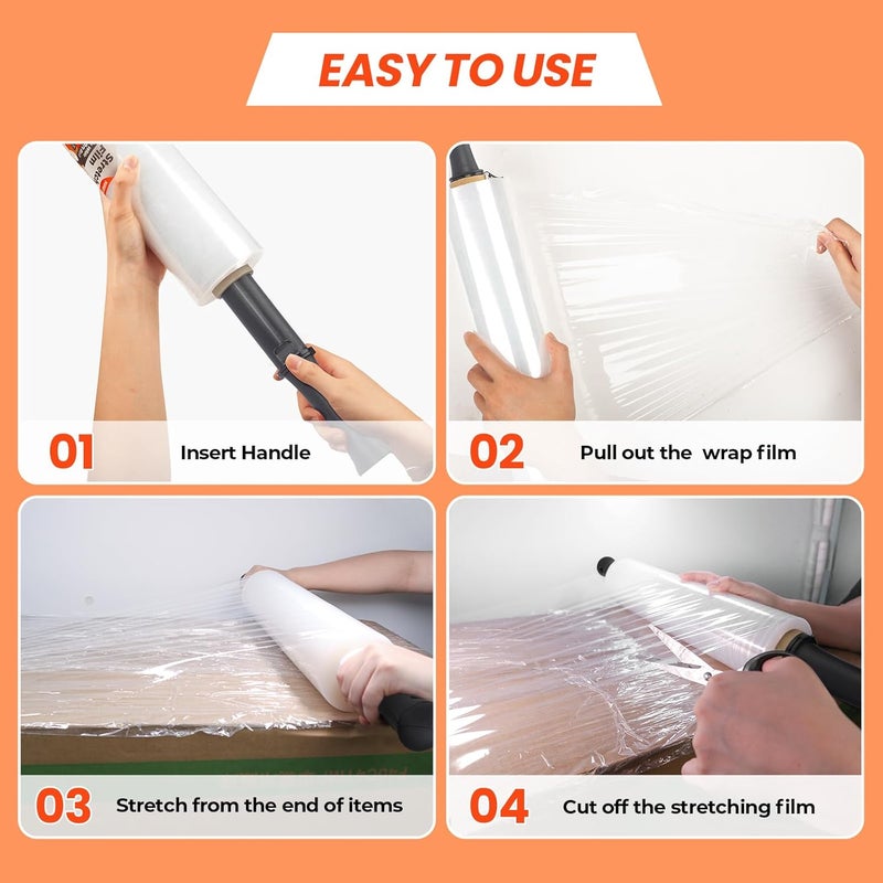 MUNBYN Shrink Wrap, Stretch Wrap with Handles, Stretch Film Roll Industrial Strength, Plastic Wrap for Pallet Wrapping Shipping Moving, 15 Inch x 1000 Ft, 2 Pack, 60 Gauge - Image 5